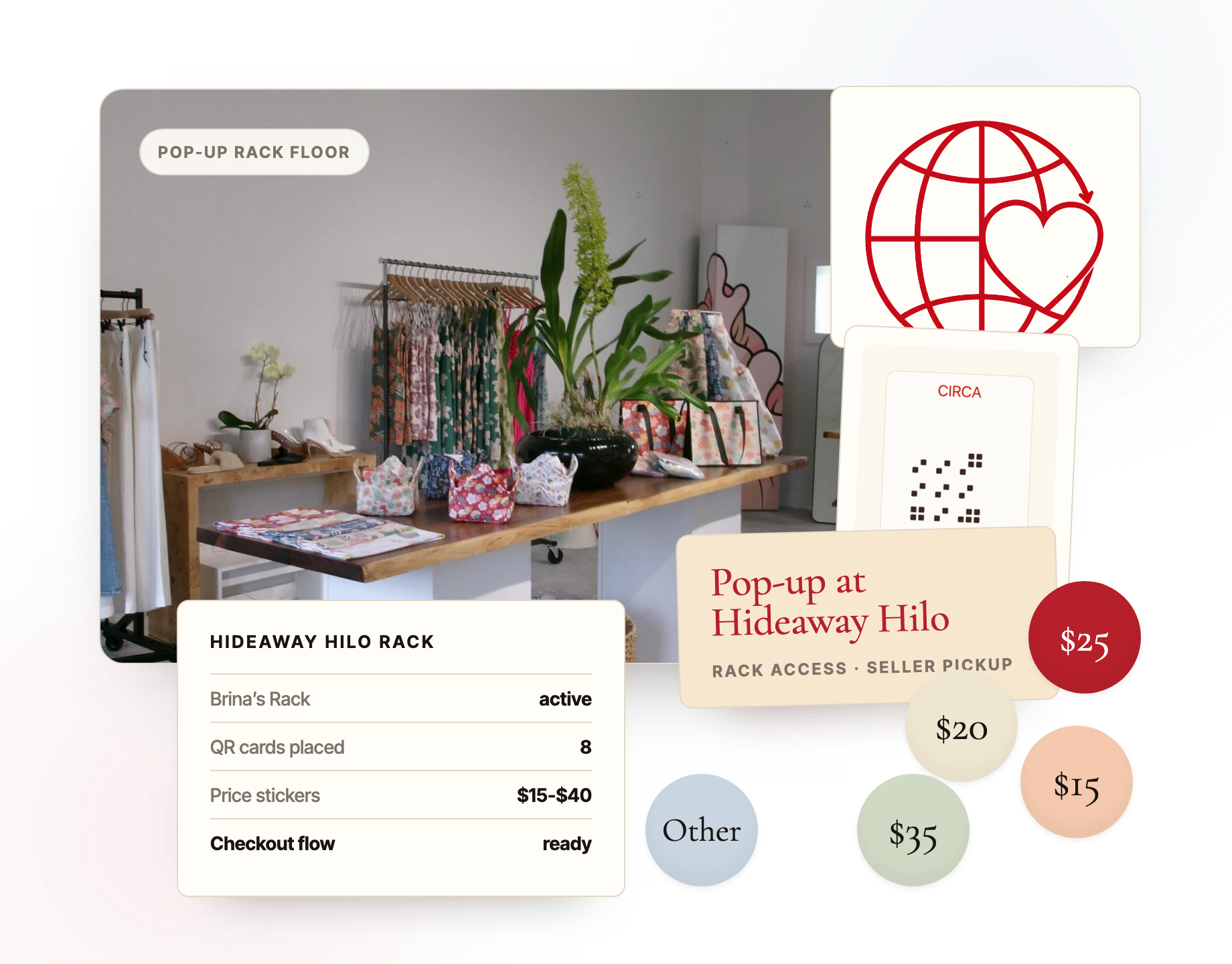 CIRCA event materials with a pop-up rack photo, rack QR card, seller pickup tag, checkout receipt, and price stickers