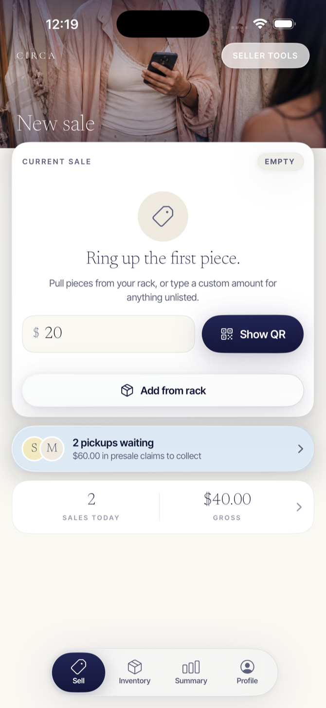 Current CIRCA seller app screen showing an active sale amount and Show QR button