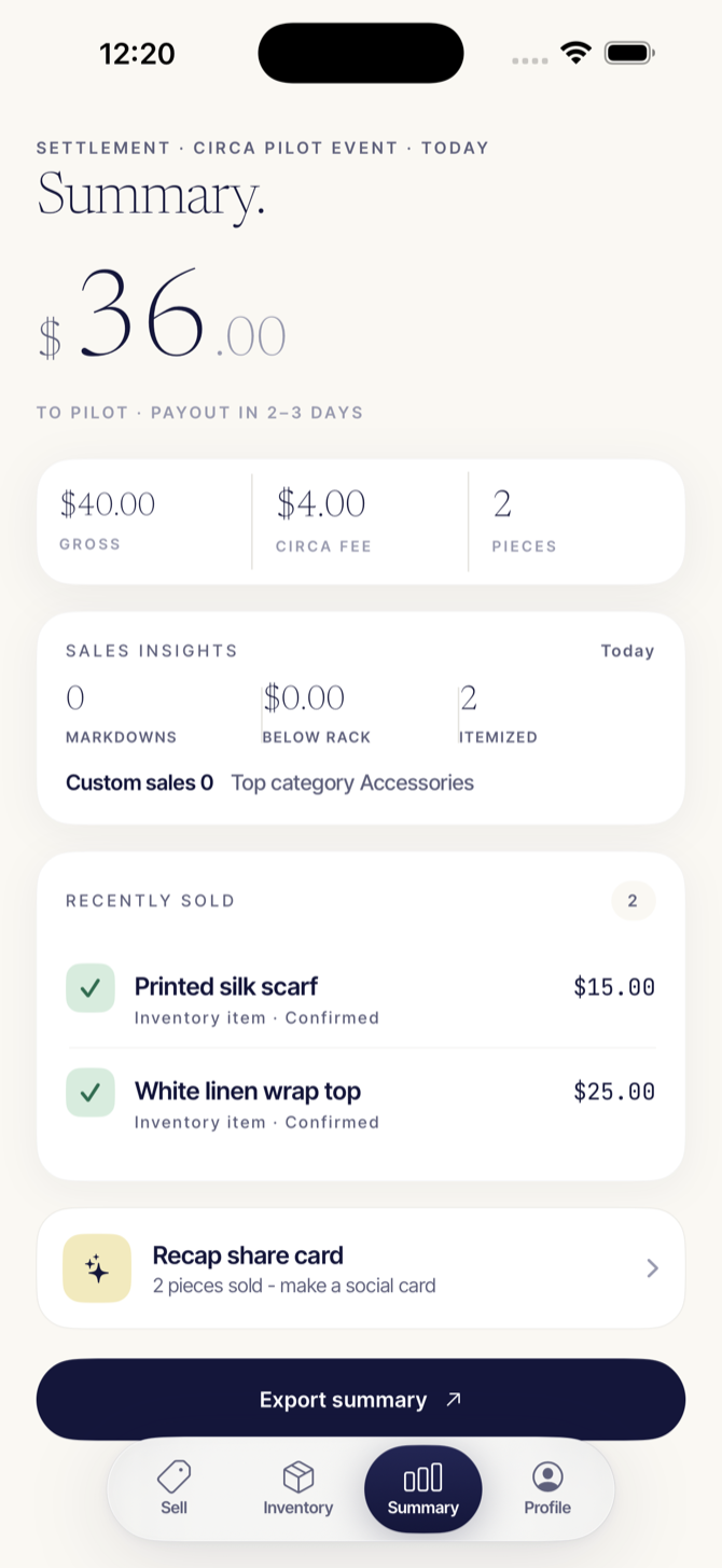 Current CIRCA seller app settlement summary with gross sales, CIRCA fee, and sold items