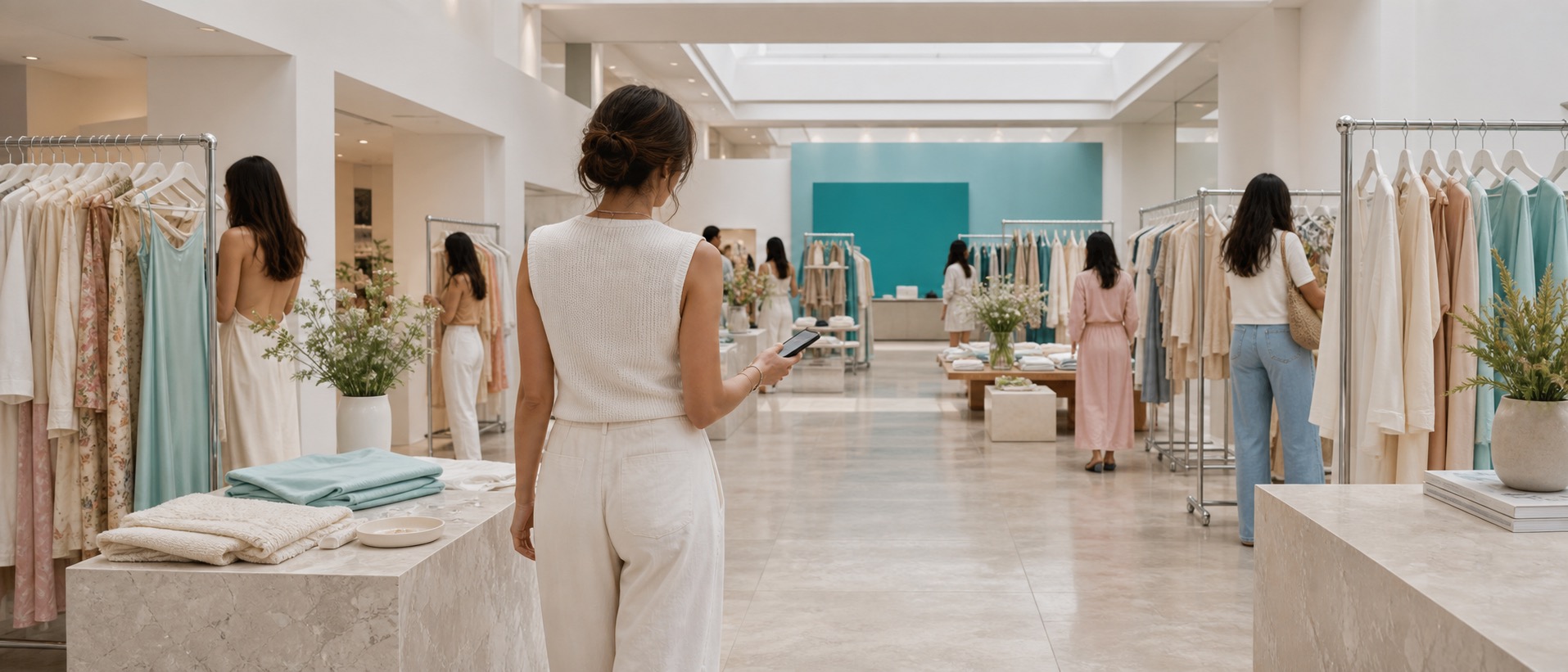Busy clothing pop-up with shoppers, sellers, garment racks, and a host walking the floor