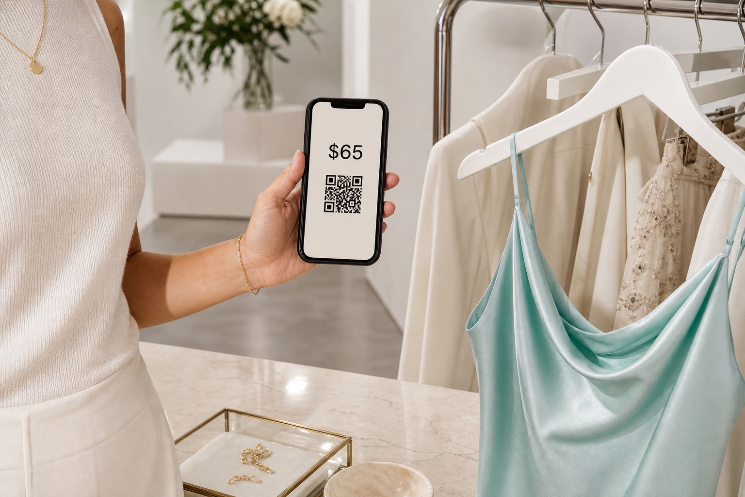 Seller holding a phone with a mobile checkout QR beside a rack of clothes