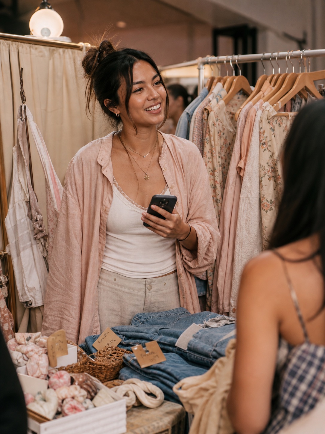 Smiling seller behind a clothing rack with a phone in hand