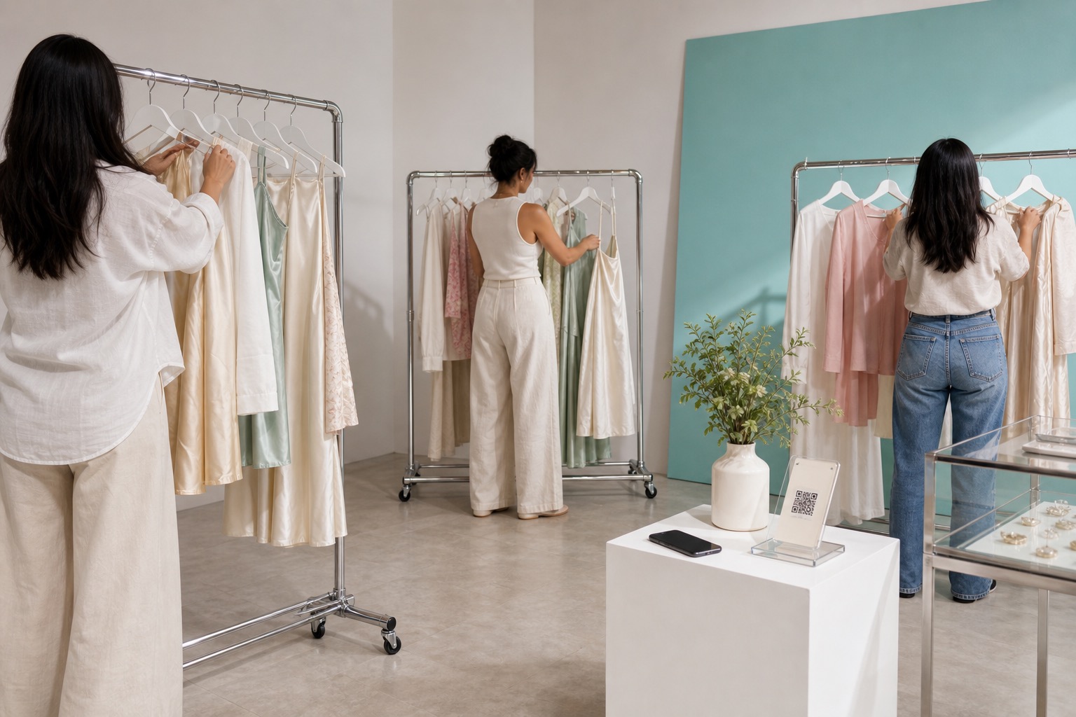 Sellers setting up racks and tables before a clothing pop-up event