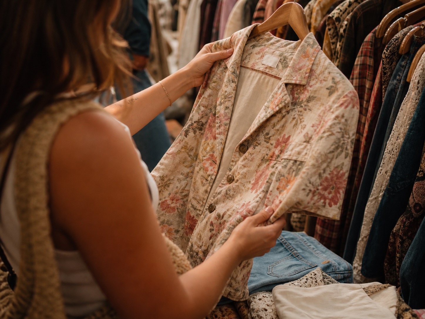 Shopper holding a floral vintage top while browsing a clothing rack
